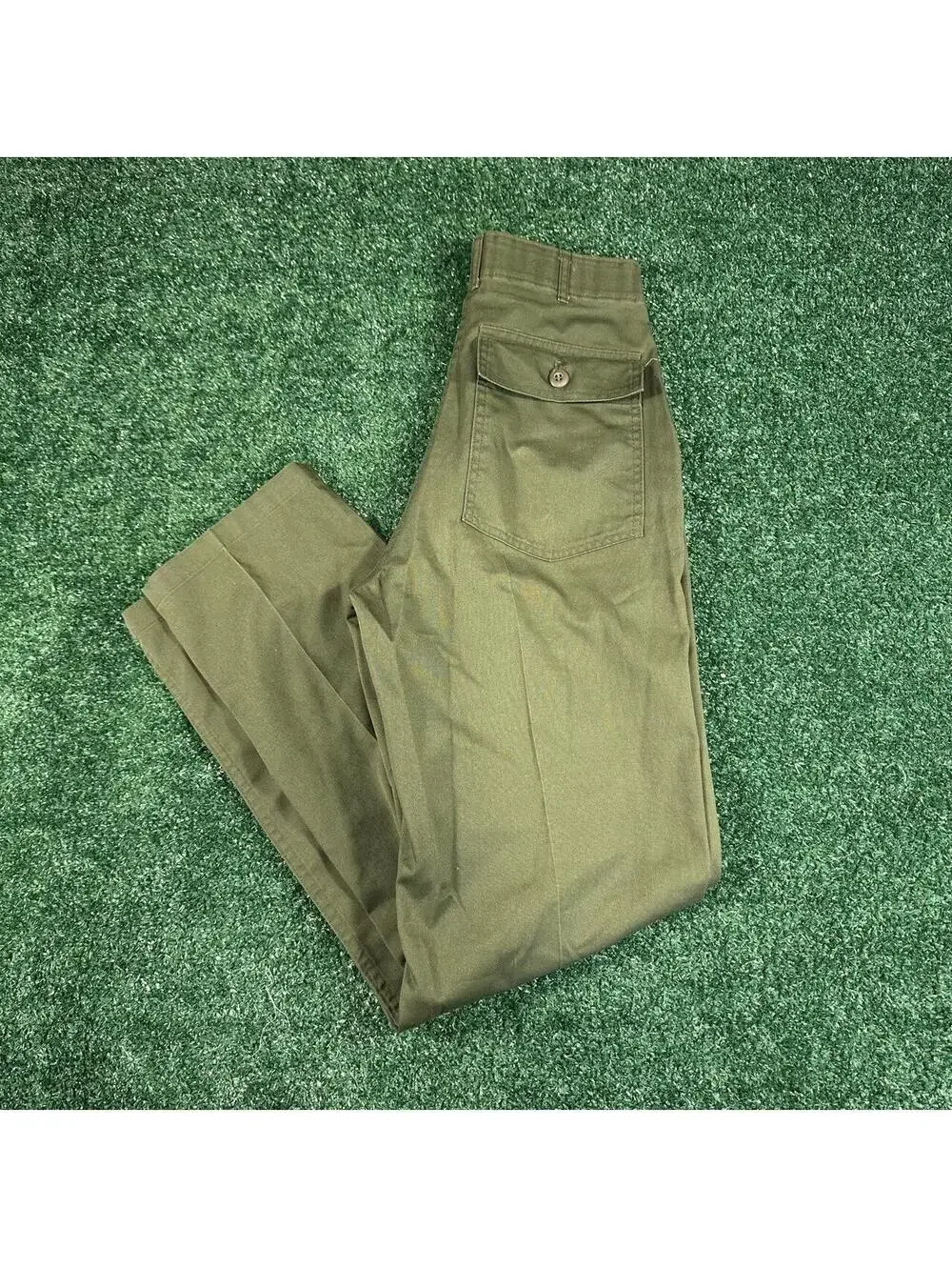 True vintage 1970s? retro military slacks Khaki green straight leg pants 30x33